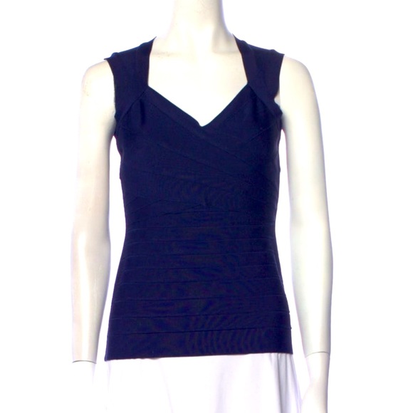 Herve Leger Blue Stretch Bandage V Neck Top size L